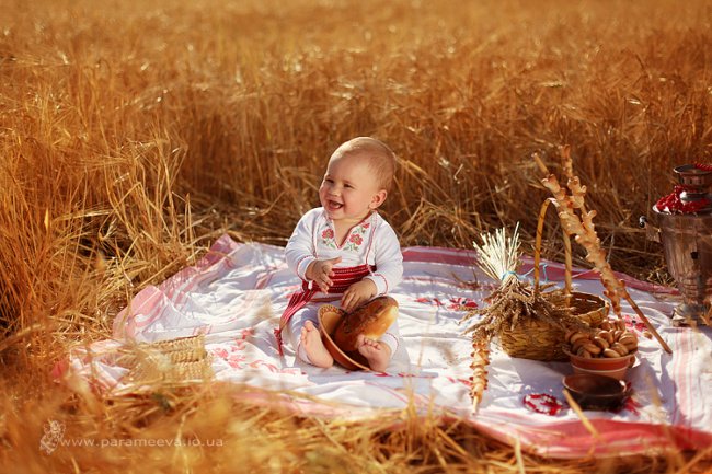 Маленькая девочка в вышиванке в поле